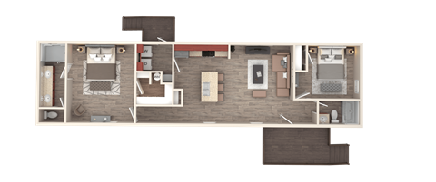 A floor plan of a house with a kitchen, living room, dining room, and two bedrooms.